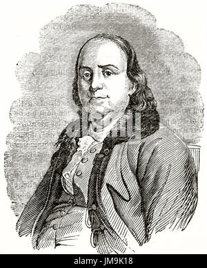 Ancien portrait gravé de Benjamin Franklin (1706 - 1790), mathématicien et homme d'État. Créé par Jackson, publié le Magasin Pittoresque, Paris, 1837. Banque D'Images