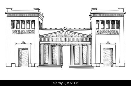 Munich célèbre city place gateway (propylaea), de l'Allemagne. transport bâtiment remarquable gravure façade sketch signe. Banque D'Images