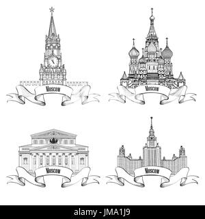 Jeu d'étiquettes de la ville de Moscou, le théâtre bolshoy. Spasskaya Bashnya, université d'état de Moscou, cathédrale saint baisil. transport icon vector collection. Banque D'Images