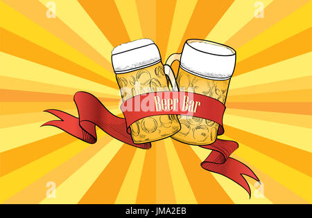 Beer mug bar retro bannière. verre de bière avec plus de ruban vintage background Banque D'Images