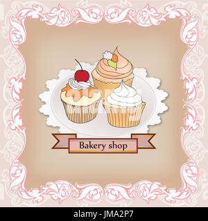 Bakery shop label. Vintage poster cupcake design. Bonbons à l'époque victorienne. Banque D'Images