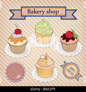 Bakery shop label. Vintage poster cupcake design. Bonbons à l'époque victorienne. Banque D'Images