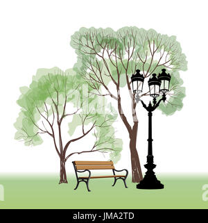 Banc dans parc avec arbre et réverbère. Le paysage du parc de la ville. Vector hand drawn croquis. Banque D'Images