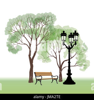 Banc dans parc avec arbre et réverbère. Le paysage du parc de la ville. Vector hand drawn croquis. Banque D'Images