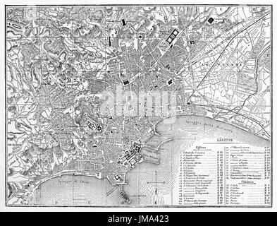 Ancienne carte de Naples, Italie. Vue du dessus centrale et légendes millésimes. Dufour, Sengteller et Langevin, le Tour du monde, 1861 Banque D'Images