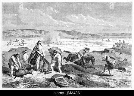 Indigènes patagoniens chassant des animaux sauvages à cheval et à pied sur un terrain plat rocheux. Art de style gravure en tons gris par Castelli, le Tour du monde, 1861 Banque D'Images