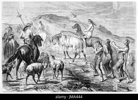 Corpse bandée cheval à cordes à une colline par son peuple dans un funérailles de Patagonie. Art de Castelli, Hotelin, Horel et Sargent, le Tour du monde, 1861 Banque D'Images