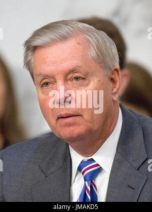 Washington DC, USA. 26 juillet, 2017. États-unis le sénateur Lindsey Graham (républicain de Caroline du Sud) questions aux témoins au cours du comité du Sénat américain sur le débat de surveillance judiciaire d'examiner la Foreign Agents Registration Act et tente d'influencer les élections aux États-Unis, l'accent sur les enseignements tirés de l'exercice en cours et administrations sur la colline du Capitole à Washington, DC le mercredi, Juillet 26, 2017. Credit : MediaPunch Inc/Alamy Live News Banque D'Images