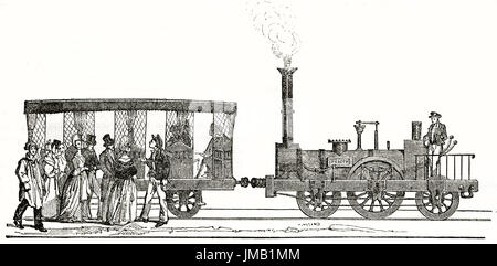 Vieille illustration de locomotive et wagon dans la gare de Saint-Germain, Paris. Par auteur non identifié, publié le Magasin Pittoresque, Paris, 183 Banque D'Images