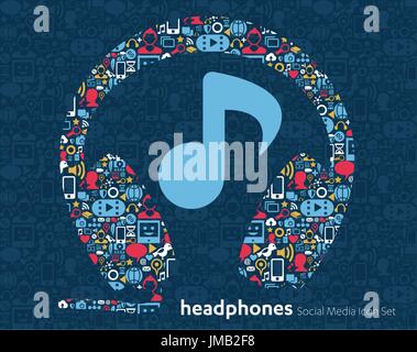 Vector set d'icônes de médias sociaux music centre d'appels, service client, support en ligne bannières dans un style plat, casque micro Illustration de Vecteur