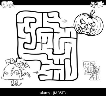 Illustration Cartoon noir et blanc de l'éducation ou de Labyrinthe Labyrinthe jeu pour les enfants avec des personnages de l'Halloween à colorier Illustration de Vecteur