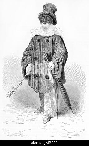 Antonio Petito (1822-1876), acteur napolitain isolé dans le rôle de Pulcinella dans le théâtre de San Carlino, Neaples, Italie. Art par Lefèvre, 1861 Banque D'Images