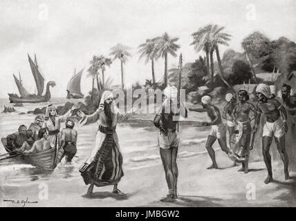 Arrivée de la pèlerins juifs exilés d'Israël à Kochi Cochin aka sur la côte sud-ouest de l'Inde en 68 AD. L'histoire de Hutchinson de l'ONU, publié en 1915. Banque D'Images