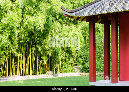 Un temple bouddhiste en bois rouge avec un bosquet du bambou dans l'arrière-plan. Banque D'Images