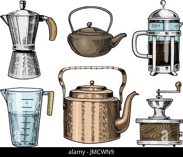 D'une cafetière ou d'une meuleuse, presse française, la mesure de la capacité, le chinois théière ou électrique. Chef de cuisine et des ustensiles de cuisine, de trucs pour la décoration. menu gravé à la main dans de vieux croquis, esprit vintage. Illustration de Vecteur