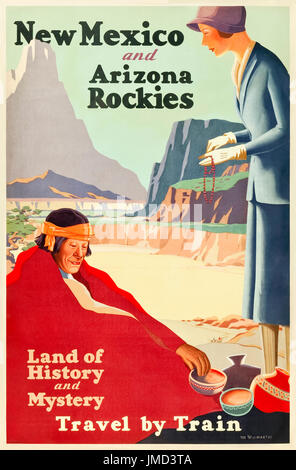 'Nouveau Mexique et Arizona Rockies - Terre d'histoire et de mystère, les voyages en train.' 1925 Union européenne Pacifique Tourisme affiche présentant l'achat de tourisme de plaisance de ware. Illustration de Kenneth et William Willmarth. Banque D'Images