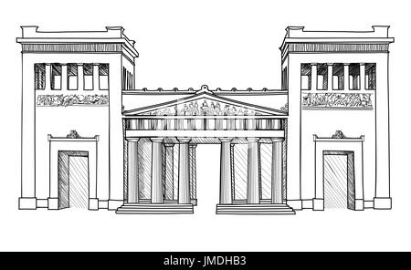 Munich célèbre city place Gateway (Propylaea), de l'Allemagne. transport bâtiment remarquable gravure façade sketch signe. Banque D'Images