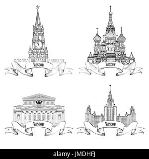 Jeu d'étiquettes de la ville de Moscou. Théâtre Bolchoï, Spasskaya Bashnya, Université d'État de Moscou, cathédrale Saint Baisil. Icône de voyage vector collection. Banque D'Images