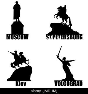 Ensemble de silhouette de symbole de ville russe.Moscou, St Petersbrg, Volgorad et Kiev ukrainienne Banque D'Images