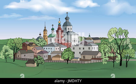 Vieille ville russe Paysage avec église, croquis dessinés à la main, l'illustration vectorielle. Ville de Souzdal. Vue de la ville de Souzdal. L'anneau d'or de la Russie. Banque D'Images