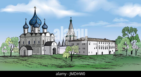 Vieille ville russe Paysage avec église. Croquis dessinés à la main, de l'illustration vectorielle Suzdal Kremlin. Vue de la ville de Souzdal. Banque D'Images