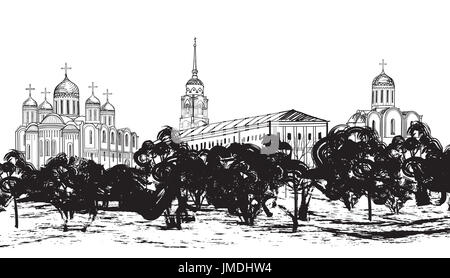Vieille ville paysage russe hand drawn vector illustration. Vue de la ville de Vladimir. Ancienne ville. L'anneau d'or de la Russie. Banque D'Images
