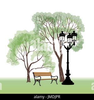 Banc dans parc avec arbre et réverbère. Le paysage du parc de la ville. Vector hand drawn croquis. Banque D'Images