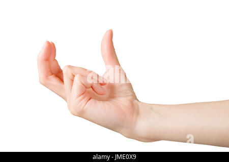 Femme parfaite mains tenant quelque chose. Isolé sur blanc, chemin de détourage inclus Banque D'Images