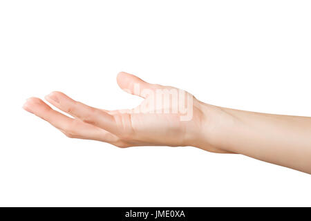 Belle femme mains tenant quelque chose. Isolé sur blanc, chemin de détourage inclus Banque D'Images