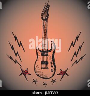 Guitare, la foudre, l'étoile, dessin à la main, vector Illustration de Vecteur