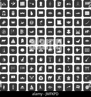 100 Asie icons set black Illustration de Vecteur