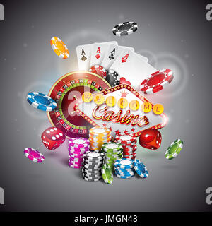 Vector illustration sur un thème avec casino Jouer poker jetons de couleur et cartes sur fond sombre. Eps 10 design. Banque D'Images