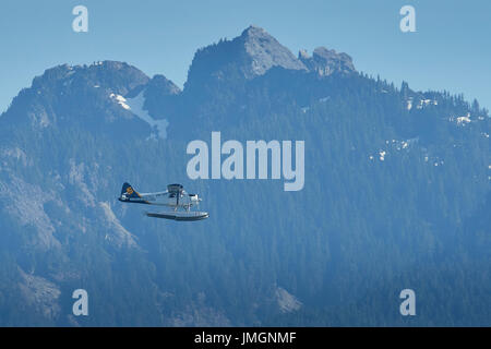 Vintage Saltspring Air de Havilland Beaver hydravion survolant forêts éloignées de la Colombie-Britannique, Canada. Banque D'Images