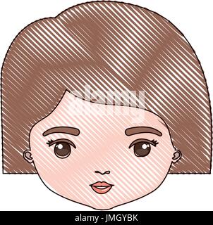 Crayon couleur caricature silhouette visage Vue de face gros plan femme avec court tout droit hairstyle Illustration de Vecteur