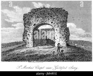 Une gravure de St Martha's chapelle près de Guildford, Surry (Surrey) numérisées à haute résolution à partir d'un livre imprimé en 1808. Croyait libres de droit. Banque D'Images