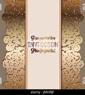 Baroque antique d'invitation de mariage de luxe, de l'or sur fond beige avec cadre et la place pour le texte, lacy feuillage avec gradient de brillant. Illustration de Vecteur