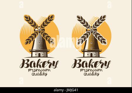 Boulangerie, boulangerie logo ou label. Mill, moulin à vent, symbole du pain de blé, de l'oreille. Lettrage, vintage vector illustration Illustration de Vecteur