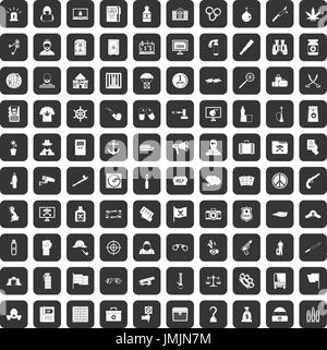 100 crime investigation icons set black Illustration de Vecteur