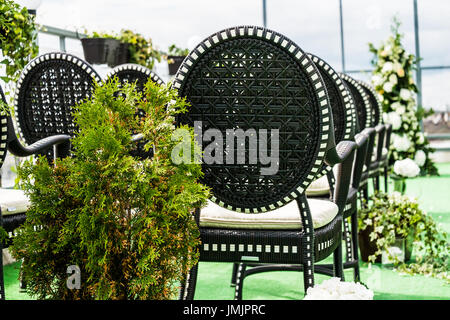 Chaises de mariage avec l'allée décorée de plantes vertes sur le sol Banque D'Images