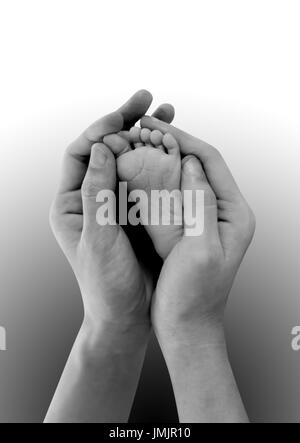 Les pieds de bébé dans les mains des mères sur noir et blanc. Isolé sur fond blanc avec copie espace Banque D'Images