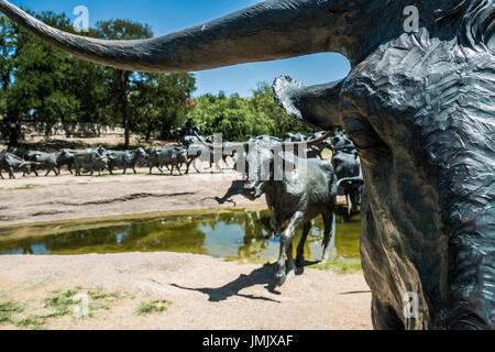 Une taille de la vie de bétail dans le bronze à Pioneer Park et cimetière dans le centre-ville de Dallas, au Texas. Banque D'Images