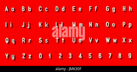 Lettres et chiffres blancs sur fond rouge. 3D illustration. Banque D'Images