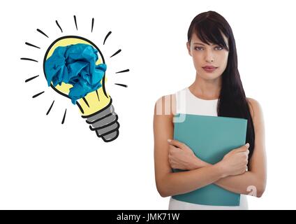 Digital composite of Woman standing next to ampoule avec boule de papier froissé Banque D'Images