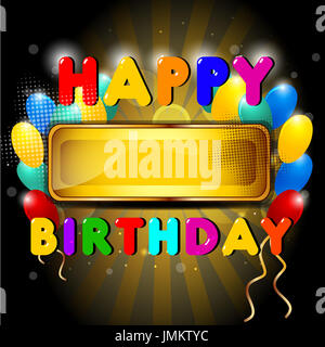 Ballon brillant coloré et cadeaux fond avec joyeux anniversaire caricature signe. EPS 10. Banque D'Images