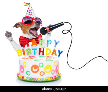 Chien Jack Russell comme une surprise, le chant chanson d'anniversaire comme Karaoké avec micro ,derrière funny cake, portant cravate rouge et party hat , o isolés Banque D'Images