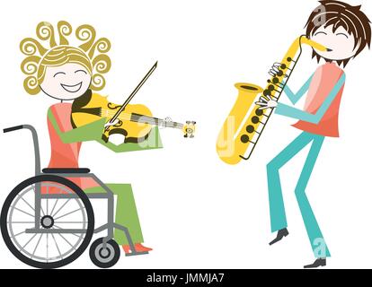 Une femme handicapée dans un fauteuil roulant à jouer de la musique avec un comité permanent, les deux amis sont heureux et souriant Illustration de Vecteur