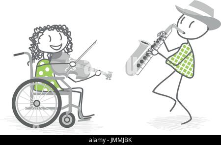 Une femme handicapée dans un fauteuil roulant à jouer de la musique avec un comité permanent, les deux amis sont heureux et souriant Illustration de Vecteur