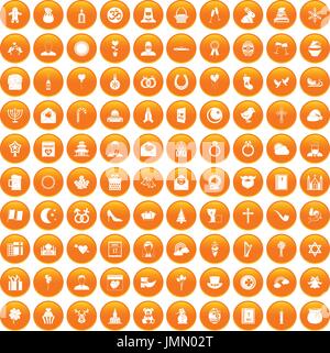 100 orange festival religieux icons set Illustration de Vecteur