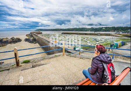 France, Bretagne, Côtes-d'Armor, Binic, vue frome Jetée de Penthièvre de l'avant-port (Avant-Port) à marée basse Banque D'Images