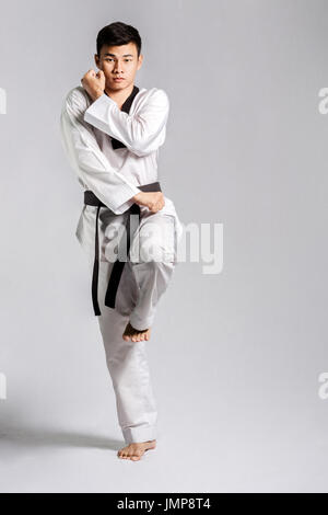 Portrait d'un homme asiatique professionnel avec la ceinture noire de Taekwondo fighter sur fond gris Banque D'Images